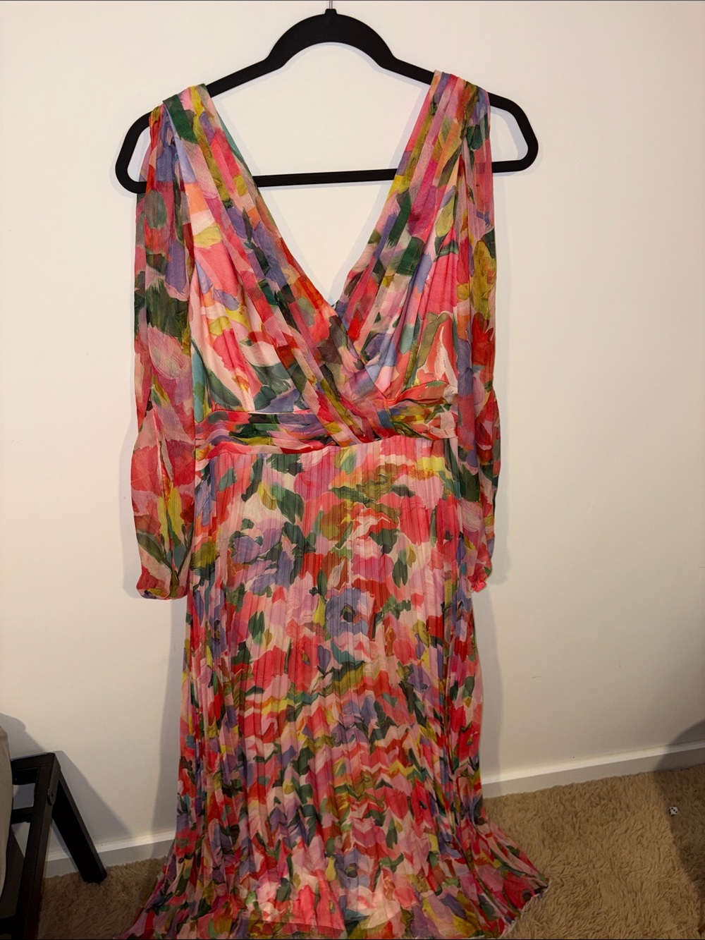 Floral V-Neck Pleated Formal Dress - Pink Multicolor